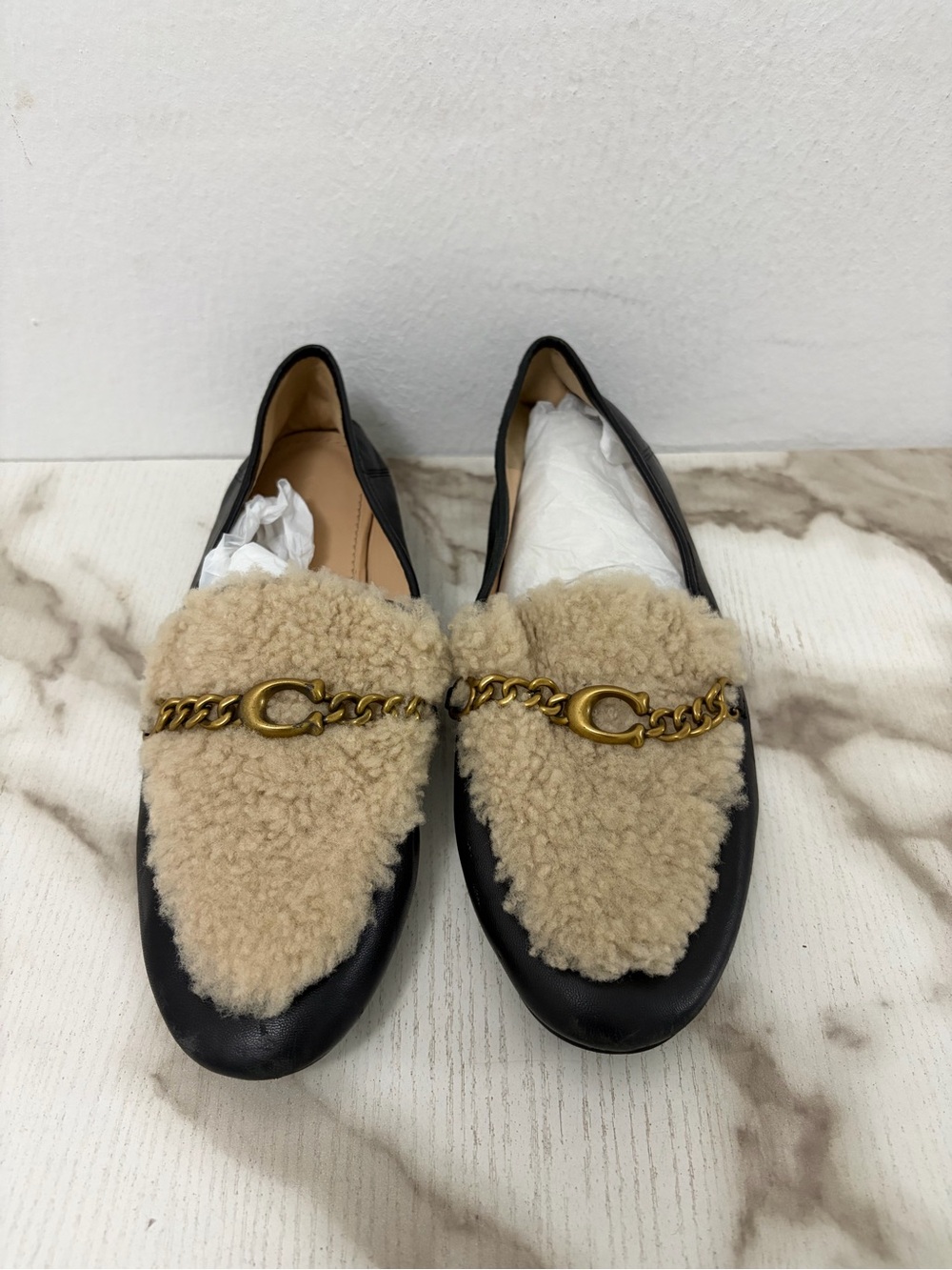 ⁠Coach Helena Shearling C Chain Loafers Black Leather Flats Slip On G4634 8B